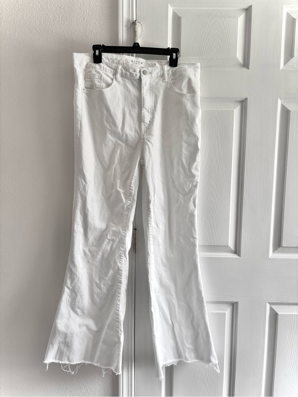 Risen Womens High Rise White Denim Wide Leg Raw Hem Jeans 32 Waist